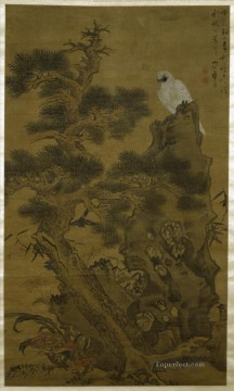 monochrome black white Painting - pine tree white hawk and rock 1664 old China ink